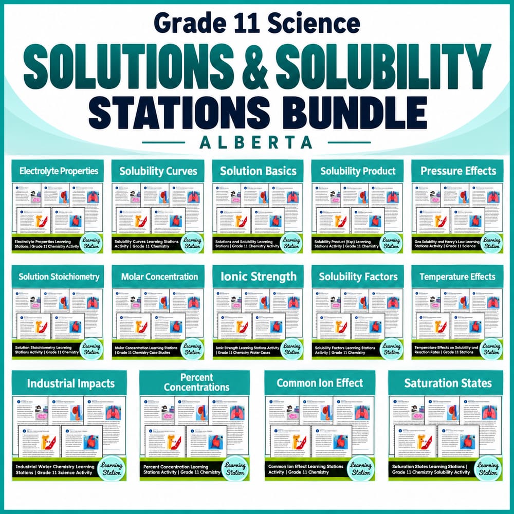 Grade 11 Alberta Chemistry Solutions & Solubility Stations Bundle