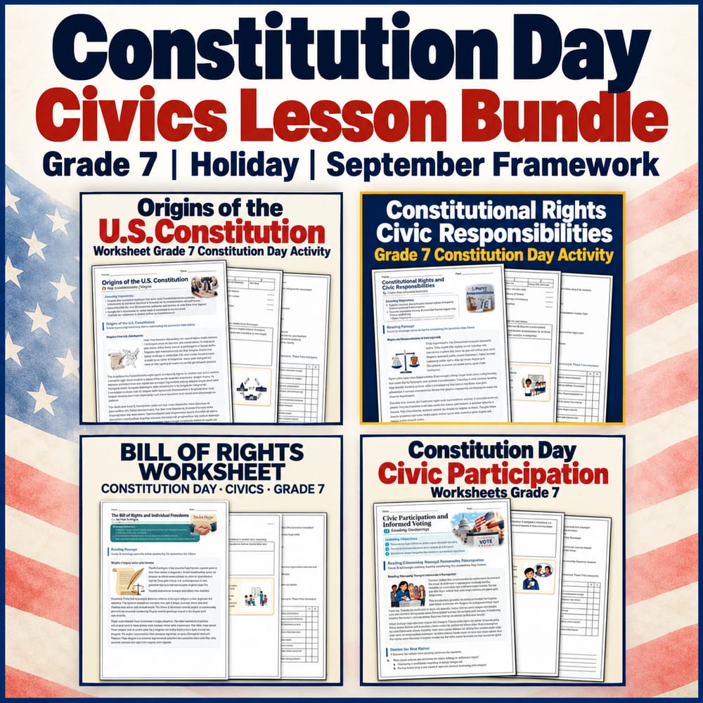 Constitution Day Civics Lesson Bundle | Grade 7 | Holiday | September Framework