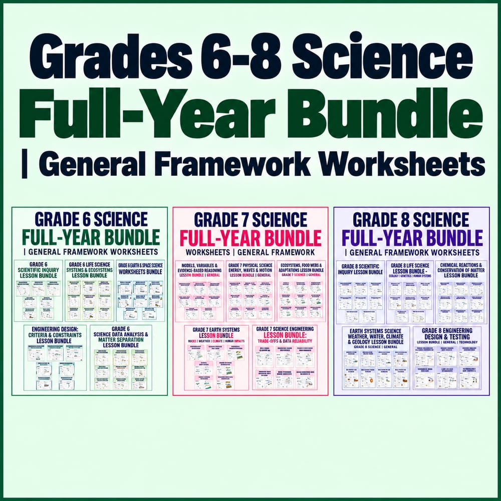 Grades 6-8 Science Full-Year Bundle | General Framework Worksheets